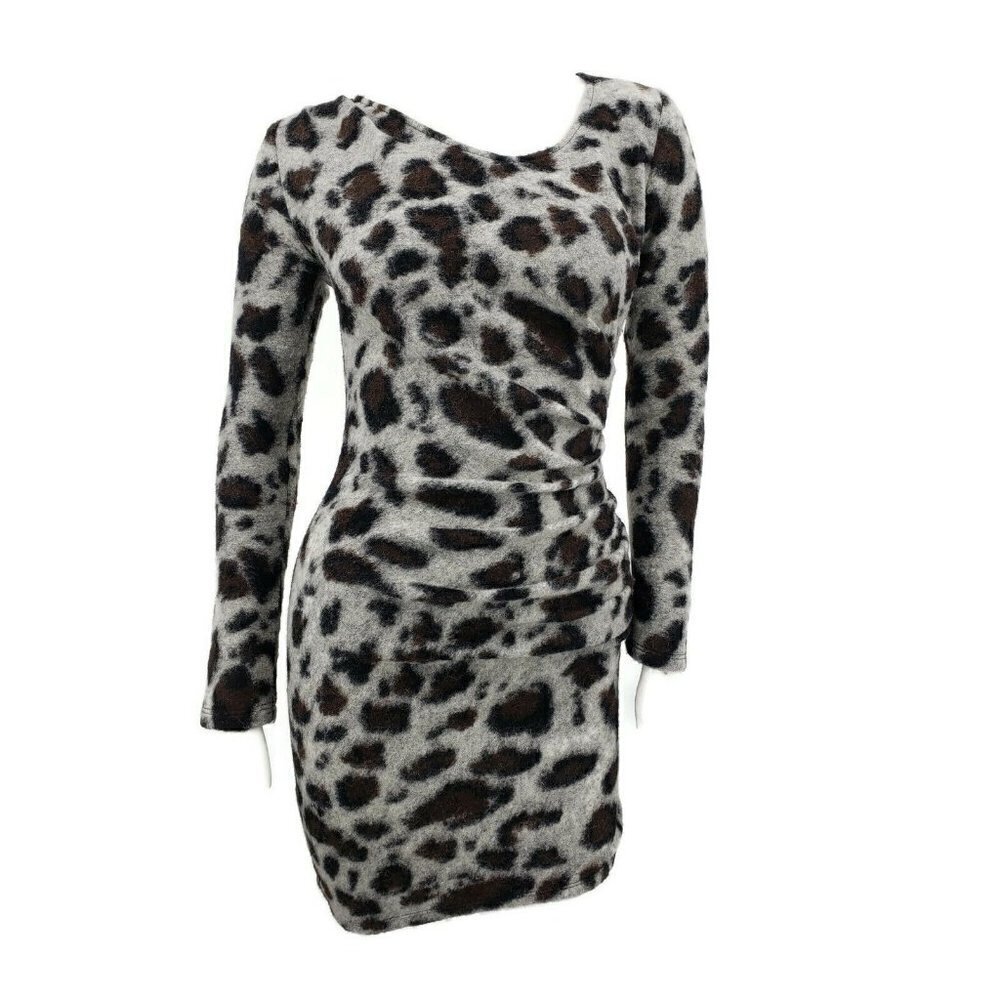 Sea Leopard Print Wool Dress Womens 2 Bodycon Long Sleeve Ruched